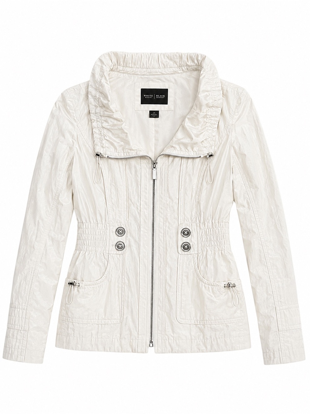 White House Black Market Cream Drawstring-Collar Zip Utility Jacket